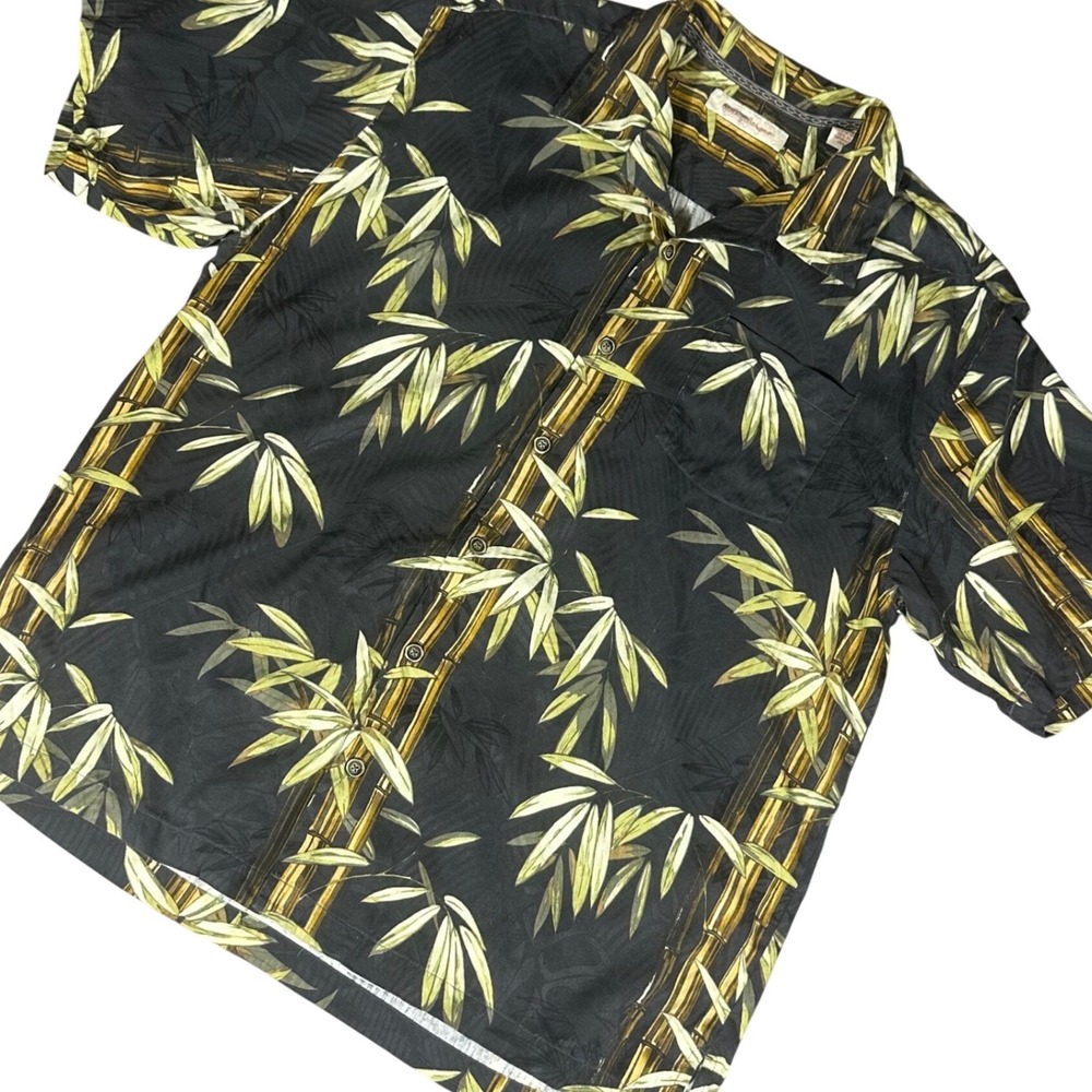Tommy Bahama Shirt Men's XL Black Bamboo Print 100% Silk Camp Hawaiian
